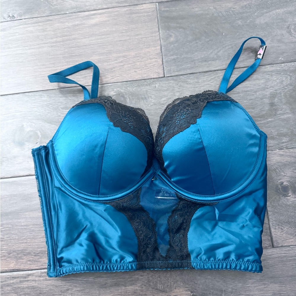 Victoria's Secret Blue and Black Lace Longline Bra
